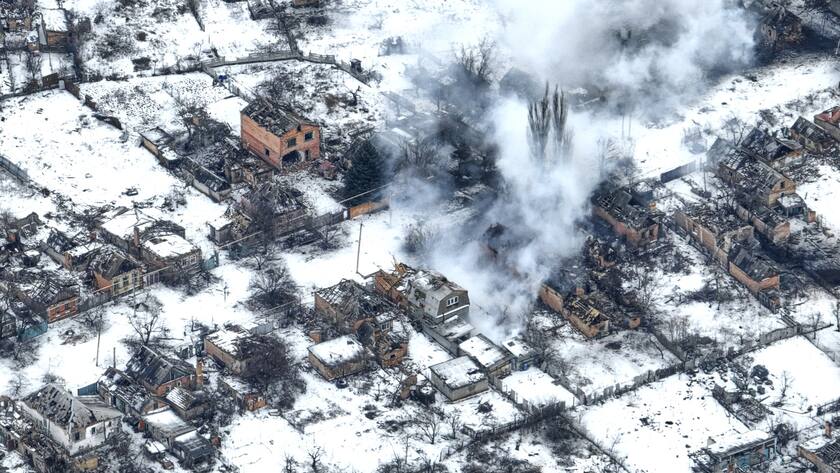 An aerial view of Bakhmut, the site of heavy battles with Russian troops in the Donetsk region, Ukraine, Tuesday, Feb. 14, 2023. (AP Photo/Libkos)