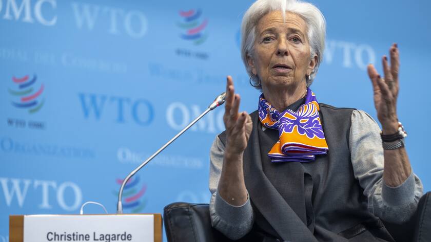 Christine Lagarde, President, European Central Bank (ECB), speaks during the event "International Women's Day 2023 a conversation between Christine Lagarde and Dr Ngozi Okonjo-Iweala", at the headquarters of the World Trade Organization (WTO) in Geneva, Switzerland, Wednesday, March 8, 2023. (KEYSTONE/Martial Trezzini)