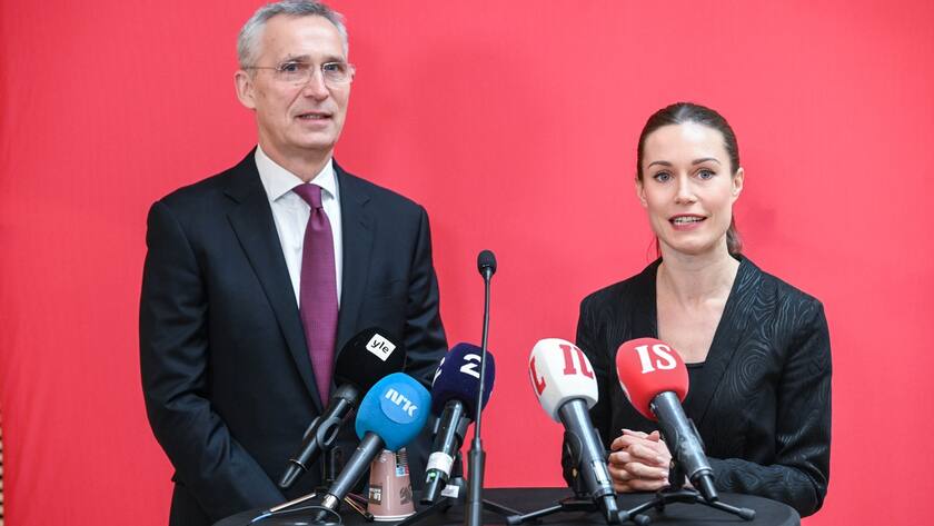 epa10494884 NATO Secretary General Jens Stoltenberg (L) and Prime Minister of Finland Sanna Marin (R) brief the media as they meet in Helsinki, 28 February 2023, where they will participate in the summit meeting of the cooperation committee of the Nordic labor movement SAMAK. EPA/KIMMO BRANDT