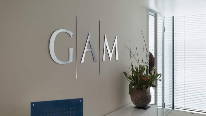 The GAM logo pictured in an office at the Prime Tower, a skyscraper, where the pure play asset management group GAM is headquartered, in Zurich, Switzerland, on March 13, 2017. (KEYSTONE/Gaetan Bally)