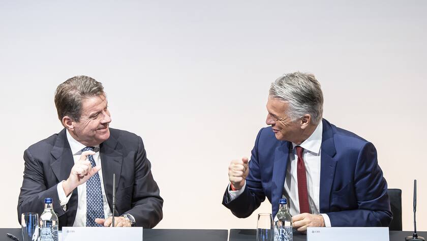 Newly appointed Group Chief Executive Officer of Swiss Bank UBS Sergio P. Ermotti, right, and UBS Chairman Colm Kelleher, left, attend news conference in Zurich, Switzerland on Wednesday, March 29, 2023. (KEYSTONE/Michael Buholzer)