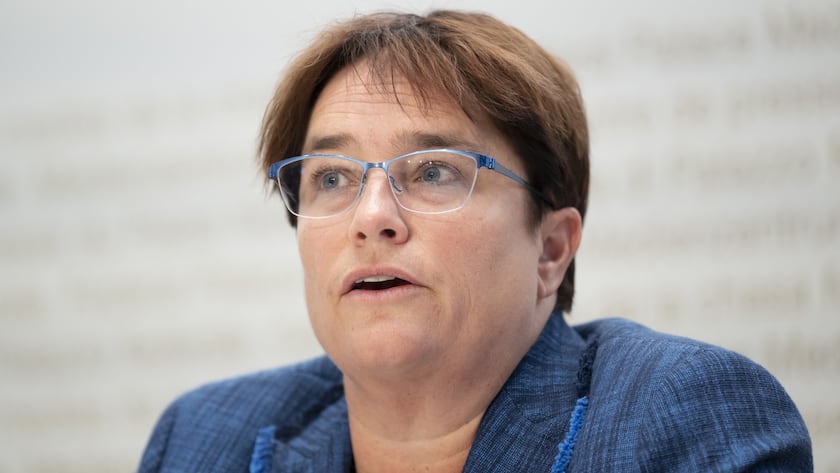 Nationalraetin Magdalena Martullo-Blocher, SVP-GR, spricht an einer Medienkonferenz von der Allianz fuer die Umsetzung der OECD-Mindeststeuer, am Donnerstag, 11. Mai 2023 in Bern. (KEYSTONE/Anthony Anex)