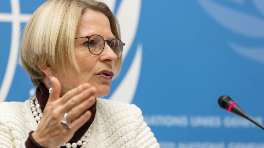 Swiss Secretary of State Livia Leu speaks during a press conference to present The Universal Periodic Review (UPR) of Switzerland, at the Palais des Nations in Geneva, Switzerland, Friday January 27, 2023. The Universal Periodic Review (UPR) is a unique process which involves a review of the human rights records of all UN Member States.(KEYSTONE/Pierre Albouy)