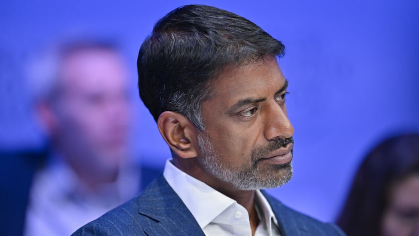 Vas Narasimhan, CEO of Swiss Pharma multinational Novartis participates in a panel session during the 53rd annual meeting of the World Economic Forum, WEF, in Davos, Switzerland, Wednesday, January 18, 2023. The meeting brings together entrepreneurs, scientists, corporate and political leaders in Davos under the topic "Cooperation in a Fragmented World" from 16 to 20 January. (KEYSTONE/Gian Ehrenzeller)