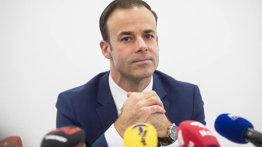 CEO Jerome Gilg spricht an der Medienkonferenz zur Schliessung des Standorts von Manor an der Bahnhofstrasse, aufgenommen am Montag, 23. September 2019, in Zuerich. (KEYSTONE/Ennio Leanza