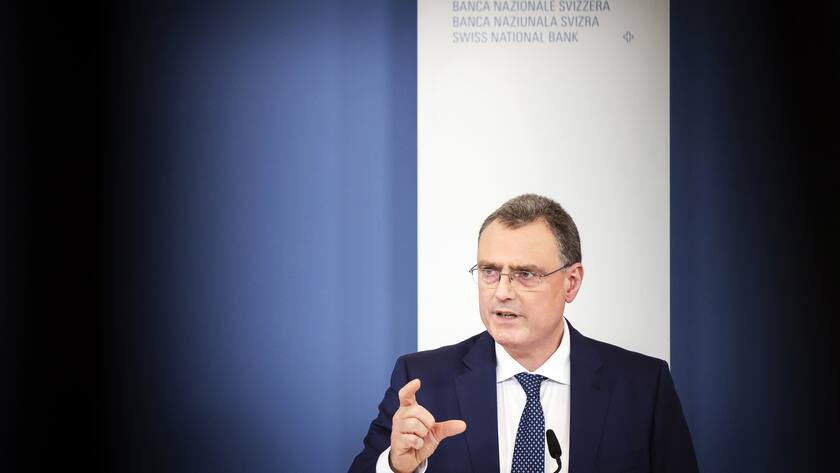 Swiss National Bank's (SNB) Chairman of the Governing Board Thomas Jordan gestures during a media briefing at the Swiss National Bank in Zurich, Switzerland, on Thursday, June 22, 2023. (KEYSTONE/Michael Buholzer).