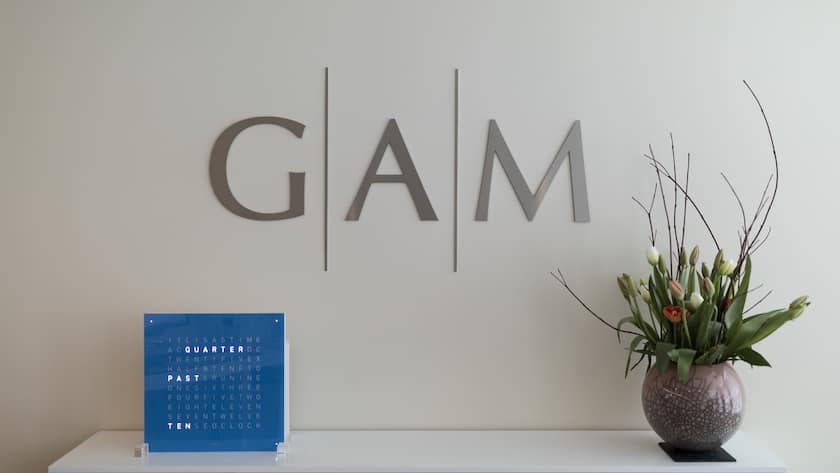 The GAM logo pictured in an office at the Prime Tower, a skyscraper, where the pure play asset management group GAM is headquartered, in Zurich, Switzerland, on March 13, 2017. (KEYSTONE/Gaetan Bally)