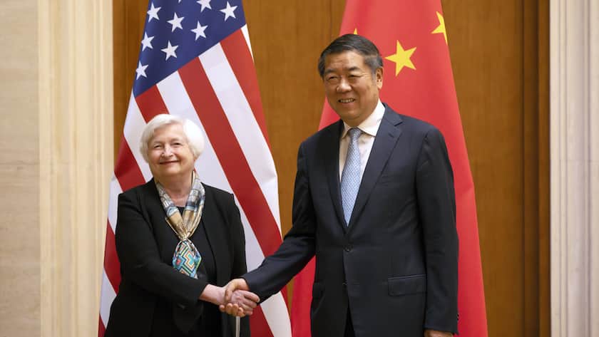 Treasury Secretary Janet Yellen, left, shakes hands with Chinese Vice Premier He Lifeng during a meeting at the Diaoyutai State Guesthouse in Beijing, China, Saturday, July 8, 2023. (AP Photo/Mark Schiefelbein, Pool)