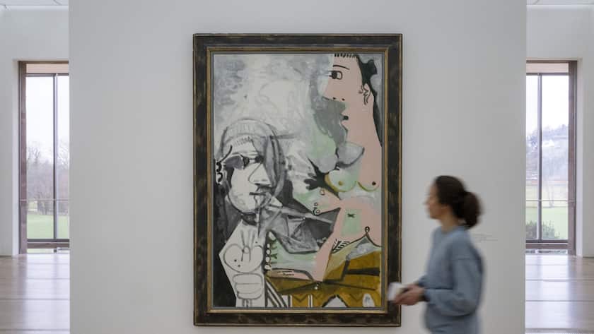 The artwork The Painter and His Model (1964) by Spanish artist Pablo Picasso is on view at the exhibition PICASSO. ARTIST AND MODEL - LAST PAINTINGS in the Fondation Beyeler in Riehen, Switzerland, on Monday, March 6, 2022. Joining the international commemorations of the fiftieth anniversary of the death of Pablo Picasso (1881-1973), the Fondation Beyeler will present a selection of ten late paintings in one room concerned with images of artist and model. (KEYSTONE/Georgios Kefalas)