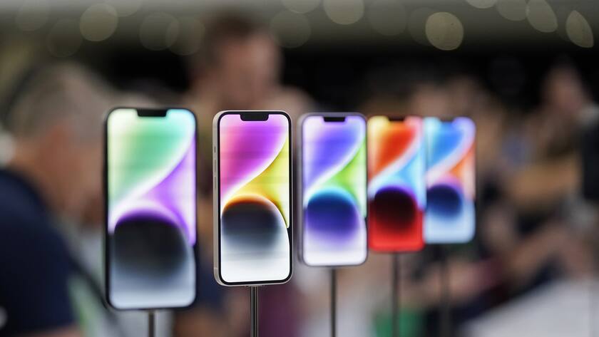 New iPhone 14 models on display at an Apple event on the campus of Apple's headquarters in Cupertino, Calif., Wednesday, Sept. 7, 2022. (AP Photo/Jeff Chiu)