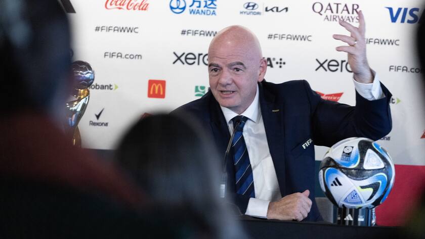 epa10754507 President of the Federation Internationale de Football Association (FIFA) Gianni Infantino speaks to reporters during a press conference ahead of the FIFA Women's World Cup in Auckland, New Zealand, 19 July 2023. Australia and New Zealand will co-host the FIFA Women's World Cup beginning on 20 July to 20 August 2023 EPA/HOW HWEE YOUNG