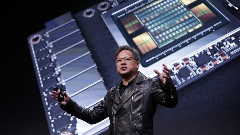 epa06772176 Nvidia president and CEO Jensen Huang speaks during the Annual GPU Technology conference in Taipei, Taiwan, 30 May 2018. Huang discussed Advance computing, Artificial intelligence and new GPU units during the conference. EPA-EFE/RITCHIE B. TONGO