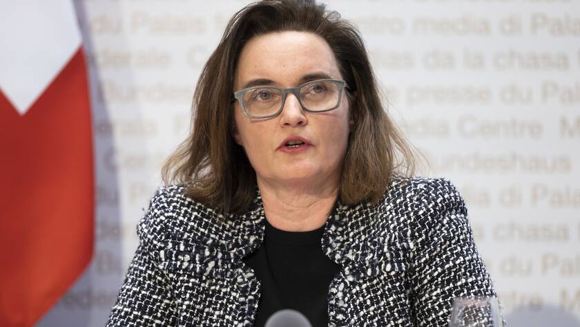 Marlene Amstad, President FINMA, speaks during a press conference, on Sunday, 19 March 2023 in Bern. Switzerland's largest bank UBS agreed to take over Credit Suisse for 3 billion Swiss francs ($3.25 billion) in a government-brokered deal over the weekend following days of market upheaval over the health of the banking sector. (KEYSTONE/Peter Klaunzer)