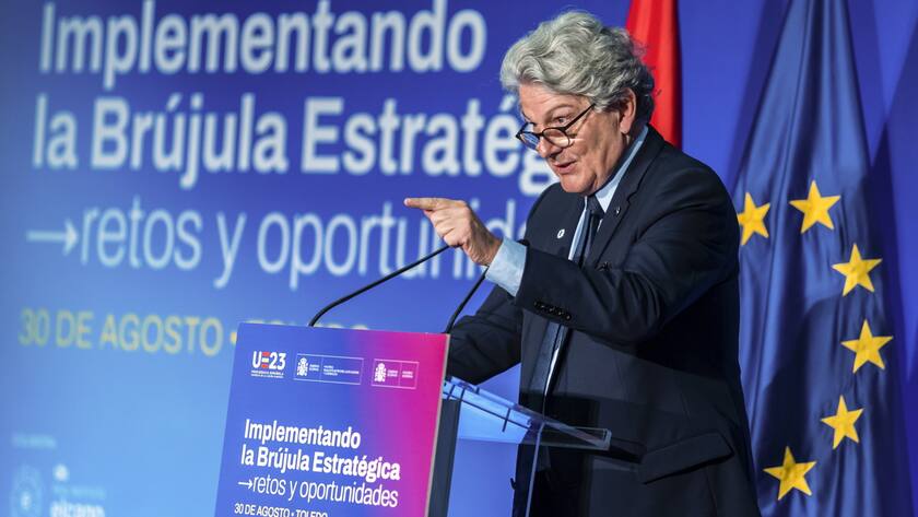 epa10829031 European Commissioner Thierry Breton delivers a speech during the opening of the seminar 'Strategic Compass: challenges and opportunities' in Toledo, Spain, 30 August 2023. EPA/Angeles Visdomine