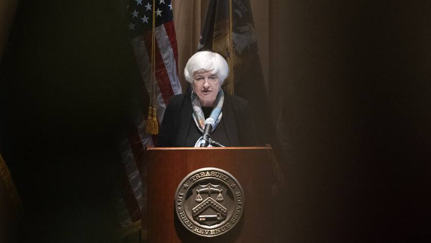 epa10963154 US Treasury Secretary Janet Yellen delivers remarks at the headquarters of the Internal Revenue Service (IRS), in Washington, DC, USA, 07 November 2023. Yellen provided an update on the paperless processing initiative and customer service targets for the upcoming filing season for taxpayers in 2024. EPA/MICHAEL REYNOLDS