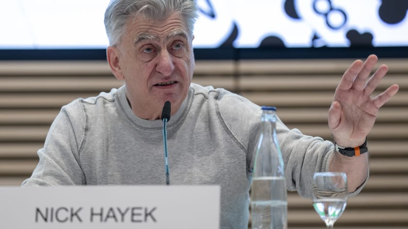 Nick Hayek, CEO Swatch Group AG, anlaesslich der Bilanzmedienkonferenz ueber das Geschaeftsjahr 2021, am Donnerstag 17. Maerz 2022, in Biel. (KEYSTONE/Marcel Bieri)