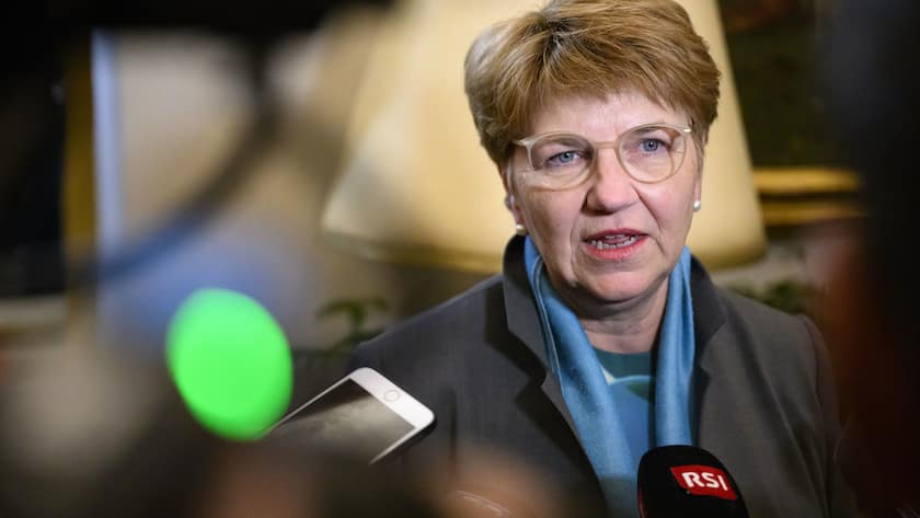 Switzerland's President Viola Amherd speaks to the press after her bilateral meeting with Ursula von der Leyen, President of the European Commission on the sideline of the 54th annual meeting of the World Economic Forum, WEF, in Davos, Switzerland, Monday, January 15, 2024. The meeting brings together entrepreneurs, scientists, corporate and political leaders in Davos under the topic "Rebuilding Trust" from 15 to 19 January. (KEYSTONE/Laurent Gillieron)