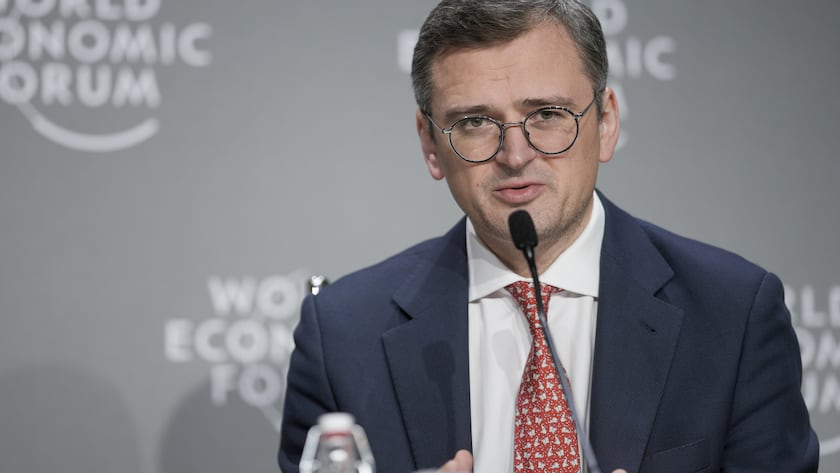 Ukraine's Foreign Minister Dmytro Kuleba takes part in a panel discussion at the Annual Meeting of World Economic Forum in Davos, Switzerland, Wednesday, Jan. 17, 2024. The annual meeting of the World Economic Forum is taking place in Davos from Jan. 15 until Jan. 19, 2024.(AP Photo/Markus Schreiber)