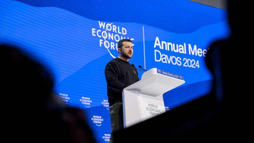 Volodymyr Zelenskyy, President of Ukraine, speaks during a plenary session in the Congress Hall at the 54th annual meeting of the World Economic Forum, WEF, in Davos, Switzerland, Tuesday, January 16, 2024. The meeting brings together entrepreneurs, scientists, corporate and political leaders in Davos under the topic "Rebuilding Trust" from 15 to 19 January. (KEYSTONE/Gian Ehrenzeller)