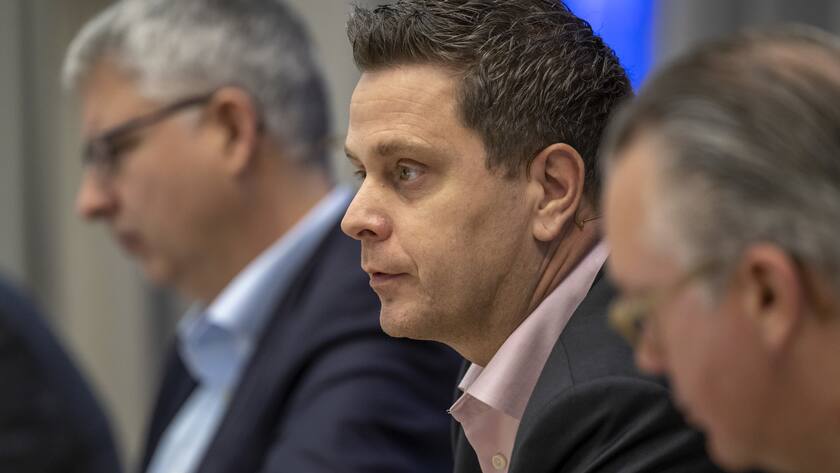 Thomas Schinecker, ad interim CEO Roche Pharmaceuticals, speaks during the 2022 full-year results media conference in Basel, Switzerland, on Thursday, February 2, 2023. (KEYSTONE/Georgios Kefalas).