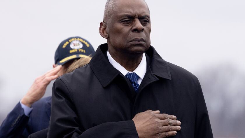 US Secretary of Defense Lloyd Austin watches a US Army carry team move a flag-draped transfer case containing the remains of a fallen US service member during a dignified transfer at Dover Air Force Base in Dover, Delaware, USA, 02 February 2024.
