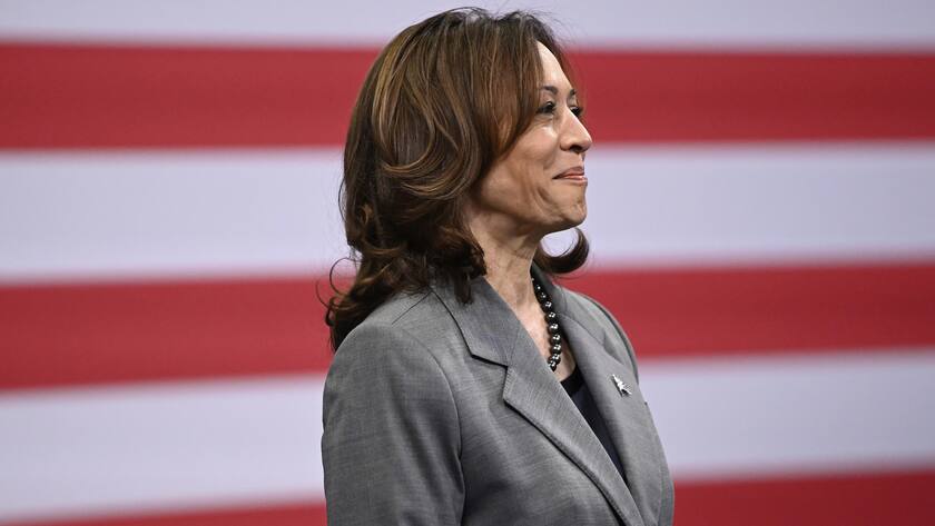 Vice President Kamala Harris looks on as President Joe Biden gives a speech on healthcare at an event in Raleigh, N.C., Tuesday, March. 26, 2024. (AP Photo/Matt Kelley)