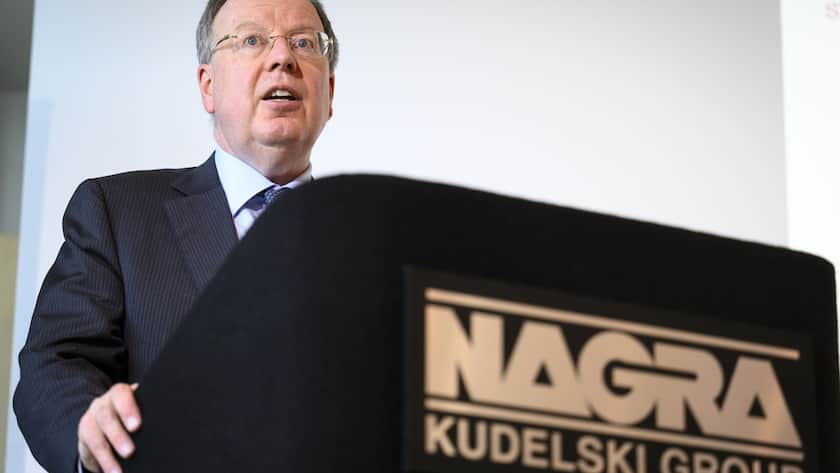 Andre Kudelski, president and CEO of Kudelski Group, presents the 2022 year results of the Nagra Kudelski Group, the world's leading provider of media content protection and value-added service technology, during a press conference, in Cheseaux near Lausanne, Thursday, February 23, 2023.(KEYSTONE/Laurent Gillieron)