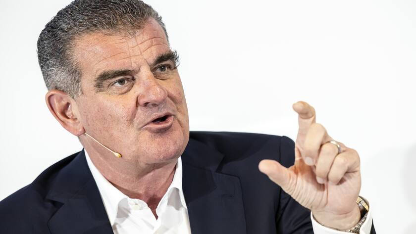 Peter Spuhler, Verwaltungsratspraesident spricht an der Bilanzmedienkonferenz der Stadler Rail, am Mittwoch, 15. Maerz 2023 in Bussnang. (KEYSTONE/Michael Buholzer).