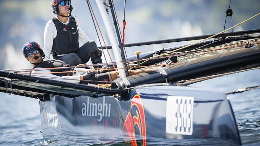 Swiss skipper Ernesto Bertarelli, right, and Bryan Mettraux, left, are pictured on their TF35 class sailboat "Alinghi Red Bull Racing" at the start of the 83rd "Bol d'Or" sailing race on Lake Geneva, in Geneva, Switzerland, Saturday, June 11, 2022. Over 420 boats participate in this weekend's Bol d'Or, the largest sailing race held on a lake in Europe. (KEYSTONE/Valentin Flauraud)