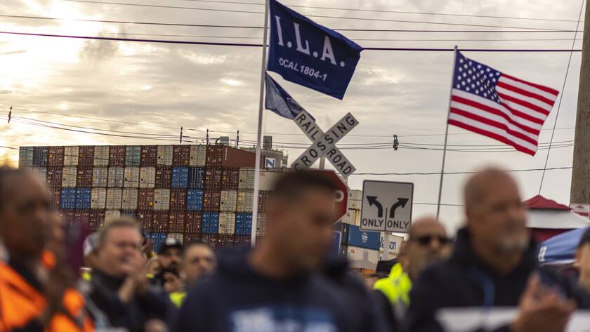 Containers are seen sit in the port while workers take part in a port strike at Port Newark, Tuesday, Oct. 1, 2024, in Bayonne, N.J. (AP Photo/Eduardo Munoz Alvarez)