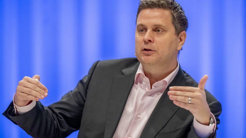 Thomas Schinecker, CEO Roche Group, speaks during the 2023 full-year results media conference of pharmaceutical companie Roche in Basel, Switzerland, on Thursday, February 1, 2024. (KEYSTONE/Georgios Kefalas)