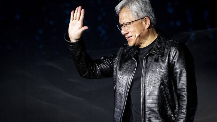 epa11677423 Nvidia CEO Jensen Huang gestures during the launch of the supercomputer Gefion at the Vilhelm Lauritzen Terminal in Kastrup, Denmark, 23 October 2024. The new AI supercomputer named Gefion, an NVIDIA DGX SuperPOD, has been established in collaboration with Denmark's Export and Investment Fund (EIFO) and NVIDIA. EPA/MADS CLAUS RASMUSSEN DENMARK OUT