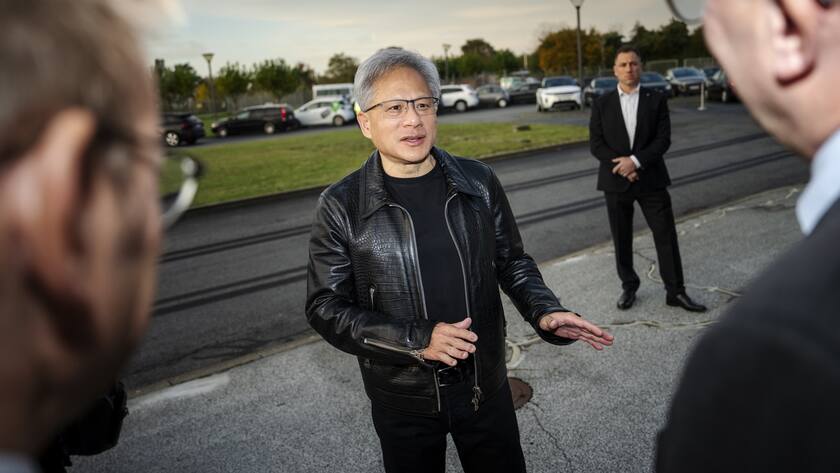 epa11677464 Nvidia CEO Jensen Huang (C) arrives for the launch of the supercomputer Gefion at the Vilhelm Lauritzen Terminal in Kastrup, Denmark, 23 October 2024. The new AI supercomputer named Gefion, an NVIDIA DGX SuperPOD, has been established in collaboration with Denmark's Export and Investment Fund (EIFO) and NVIDIA. EPA/MADS CLAUS RASMUSSEN DENMARK OUT