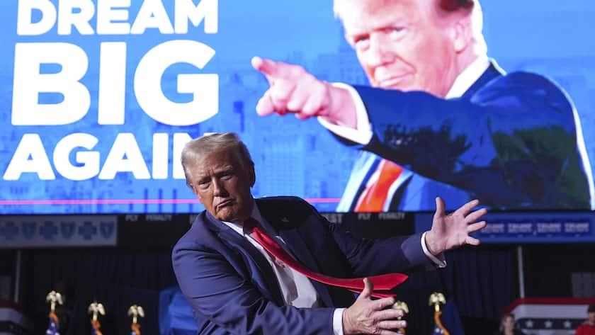 Republican presidential nominee former President Donald Trump gestures at a campaign rally at Van Andel Arena, Tuesday, Nov. 5, 2024, in Grand Rapids, Mich. (AP Photo/Evan Vucci).Donald Trump