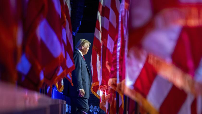 Republican presidential nominee former President Donald Trump arrives at an election night watch party at the Palm Beach Convention Center, Wednesday, Nov. 6, 2024, in West Palm Beach, Fla. (AP Photo/Julia Demaree Nikhinson)
