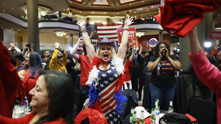 epa11704611 People attend the Nevada Republican Party watch party at the Ahern Hotel in Las Vegas, Nevada, USA, 05 November 2024. Voters across the country are casting ballots today for President of the United States in a tightly contested race between Republican presidential candidate Donald J. Trump and Democratic presidential candidate US Vice President Kamala Harris, as well as for candidates in congressional and local races. EPA/CAROLINE BREHMAN