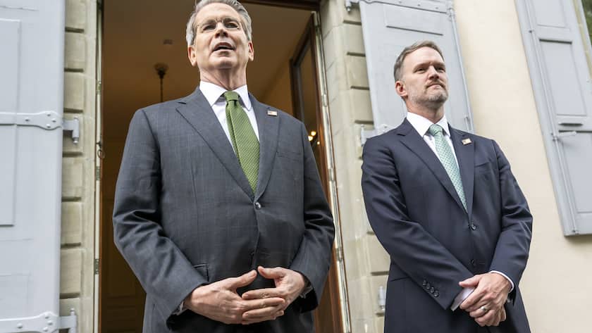 KEYPIX - US Secretary of the Treasury Scott Bessent, left, and US Trade Representative Jamieson Greer, left, speak to the press after the second day a bilateral meeting between the United States and China, in Geneva, Switzerland, on Sunday, May 11, 2025. (KEYSTONE/EDA/Martial Trezzini)