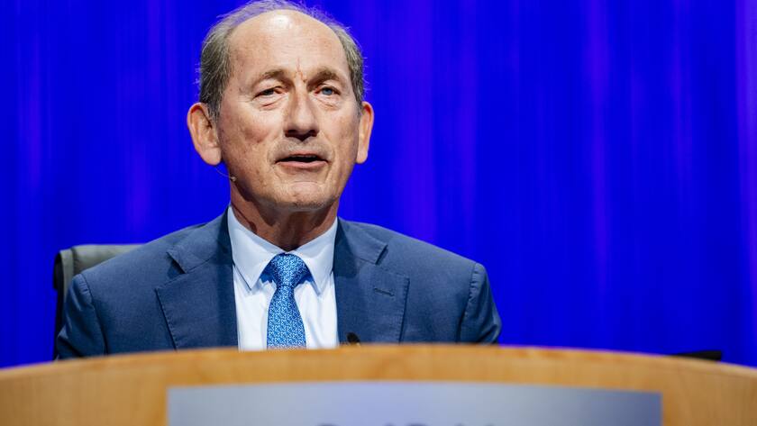 Paul Bulcke, Chairman of Nestle, reacts during the Nestle Annual General Meeting at the SwissTech Conference Center, EPFL, in Ecublens near Lausanne, Switzerland, Wednesday, April 16, 2025. (KEYSTONE/Jean-Christophe Bott)