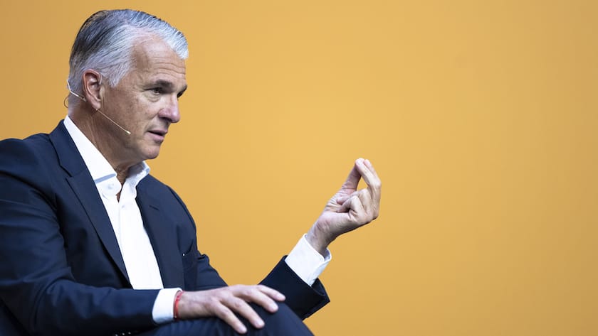 KEYPIX - Der CEO der Grossbank UBS, Sergio Ermotti, nimmt an einer Talkrunde am "Tag der Wirtschaft 2025" des Wirtschaftsverbandes Economiesuisse teil, am Freitag, 5. September 2025 im Kongresszentrum Trafo in Baden. (KEYSTONE/Andreas Becker)