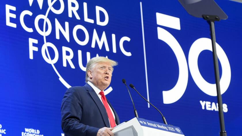 US President Donald Trump addresses a plenary session during to the 50th annual meeting of the World Economic Forum, WEF, in Davos, Switzerland, Tuesday, January 21, 2020. The meeting brings together entrepreneurs, scientists, corporate and political leaders in Davos from January 21 to 24. (KEYSTONE/Gian Ehrenzeller)