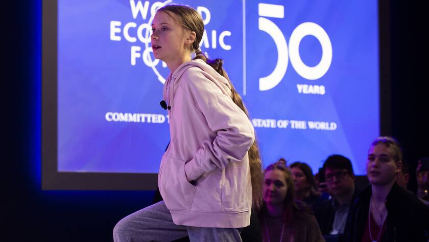 17-year old Swedish climate activist Greta Thunberg is pictured in a panel session during the 50th annual meeting of the World Economic Forum, WEF, in Davos, Switzerland, Tuesday, January 21, 2020. The meeting brings together entrepreneurs, scientists, corporate and political leaders in Davos from January 21 to 24. (KEYSTONE/Gian Ehrenzeller)