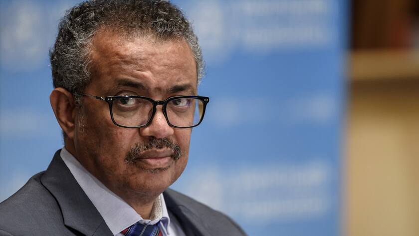World Health Organization (WHO) Director-General Tedros Adhanom Ghebreyesus attends a press conference organized by the Geneva Association of United Nations Correspondents (ACANU) amid the COVID-19 pandemic, caused by the novel coronavirus, on Friday, 3 July 2020, at the WHO headquarters in Geneva, Switzerland. (KEYSTONE/AFP POOL/Fabrice Coffrini)