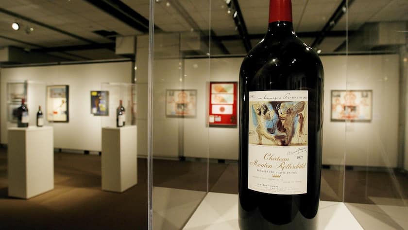 epa00940257 A bottle of Chateau Mouton Rothschild wine featuring a painting by Pablo Picasso is displayed at an exhibit of the wines and their artist-rendered labels at Sotheby's in New York, New York on Friday 23 February 2007. Sotheby's holding the exhibit before a 28 February 2007 auction of special wines from the Baroness Philippine de Rothschild's private cellar which is expected to bring in $570,000 - $885,000. EPA/JUSTIN LANE