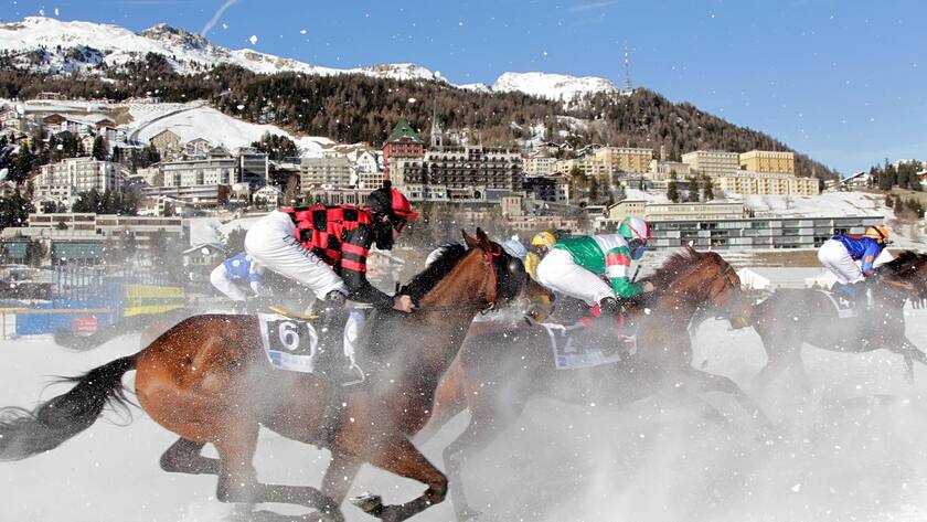 Riders and horses compete during the Grand Prix Guardaval Immobilien on the frozen Lake on the first weekend of the White Turf races in St. Moritz, Switzerland, Sunday, February 6, 2011. The race was won by jockey Robert Halvin on Mascapone. (KEYSTONE/Arno Balzarini)