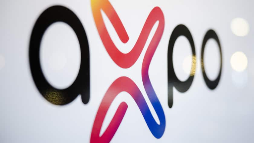 Das Logo des Energiekonzerns Axpo am Hauptsitz, aufgenommen am Donnerstag, 10. Februar 2022 in Baden. (KEYSTONE/Michael Buholzer)