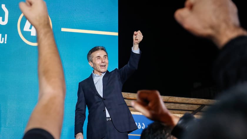 epa08789222 Leader of ruling party Georgian Dream Bidzina Ivanishvili celebrates exit poll results during rally after end of parliamentary elections, in Tbilisi, Georgia, 31 October 2020. EPA/ZURAB KURTSIKIDZE