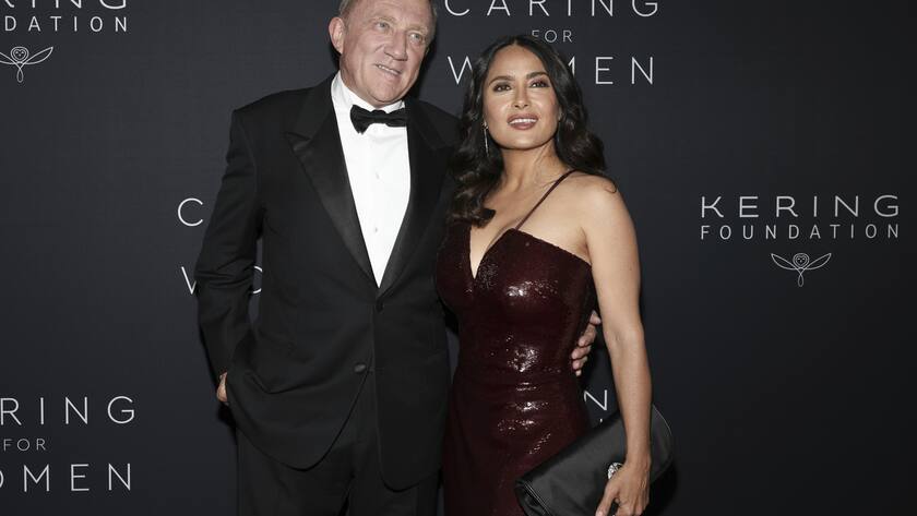 Francois-Henri Pinault, left and Salma Hayek attend the 2nd annual Kering Foundation's Caring for Women Gala at The Pool on Tuesday Sept. 12, 2023, in New York. (Photo by CJ Rivera/Invision/AP)
