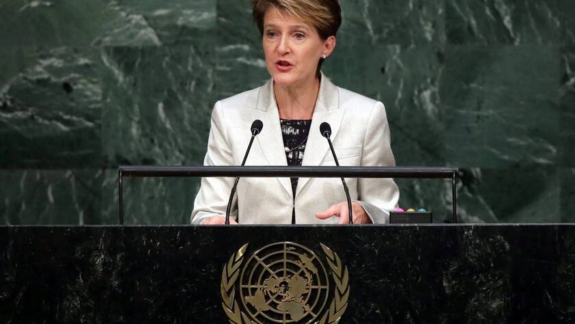 epa04949734 Simonetta Sommaruga, President of Switzerland, speaks during a plenary meeting of the United Nations Sustainable Development Summit on the eve of the General Debate of the UN General Assembly in New York, New York, USA, 25 September 2015. EPA/JUSTIN LANE