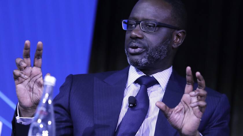 epa07869603 Tidjane Thiam, CEO of Credit Suisse speaks at the Bloomberg Global Business Forum 2019 at the Plaza Hotel in New York, New York, USA, 25 September 2019. World leaders gathered for the United Nations General Debate this week, and business leaders are gathering for the event, which was organized by Bloomberg Philanthropies, to discuss economic and trade issues, globalization, innovation, and competition. EPA/PETER FOLEY