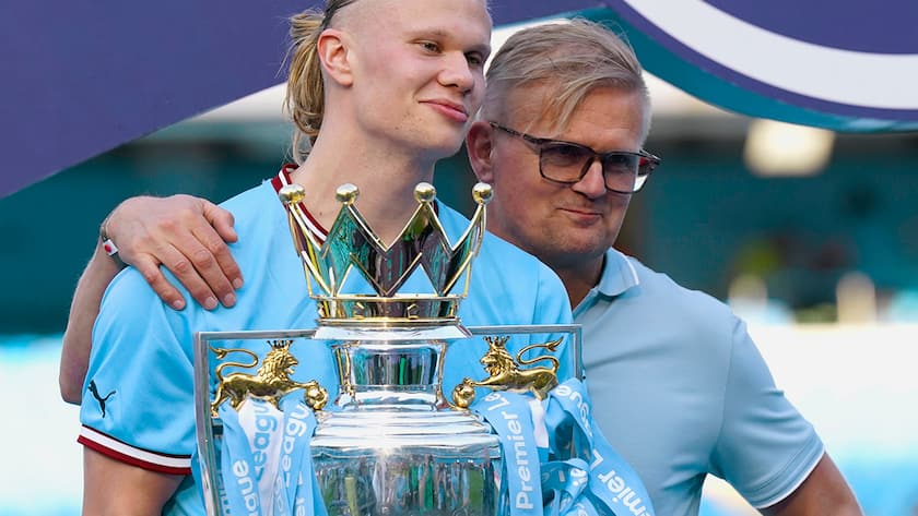 Manchester, England, 21st May 2023. Erling Haaland of Manchester City with his father Alf-Inge and the Premier League trophy during the Premier League match at the Etihad Stadium, Manchester. Picture credit should read: Andrew Yates / Sportimage EDITORIAL USE ONLY. No use with unauthorised audio, video, data, fixture lists, club/league logos or live services. Online in-match use limited to 120 images, no video emulation. No use in betting, games or single club/league/player publications. SPI-2456-0083